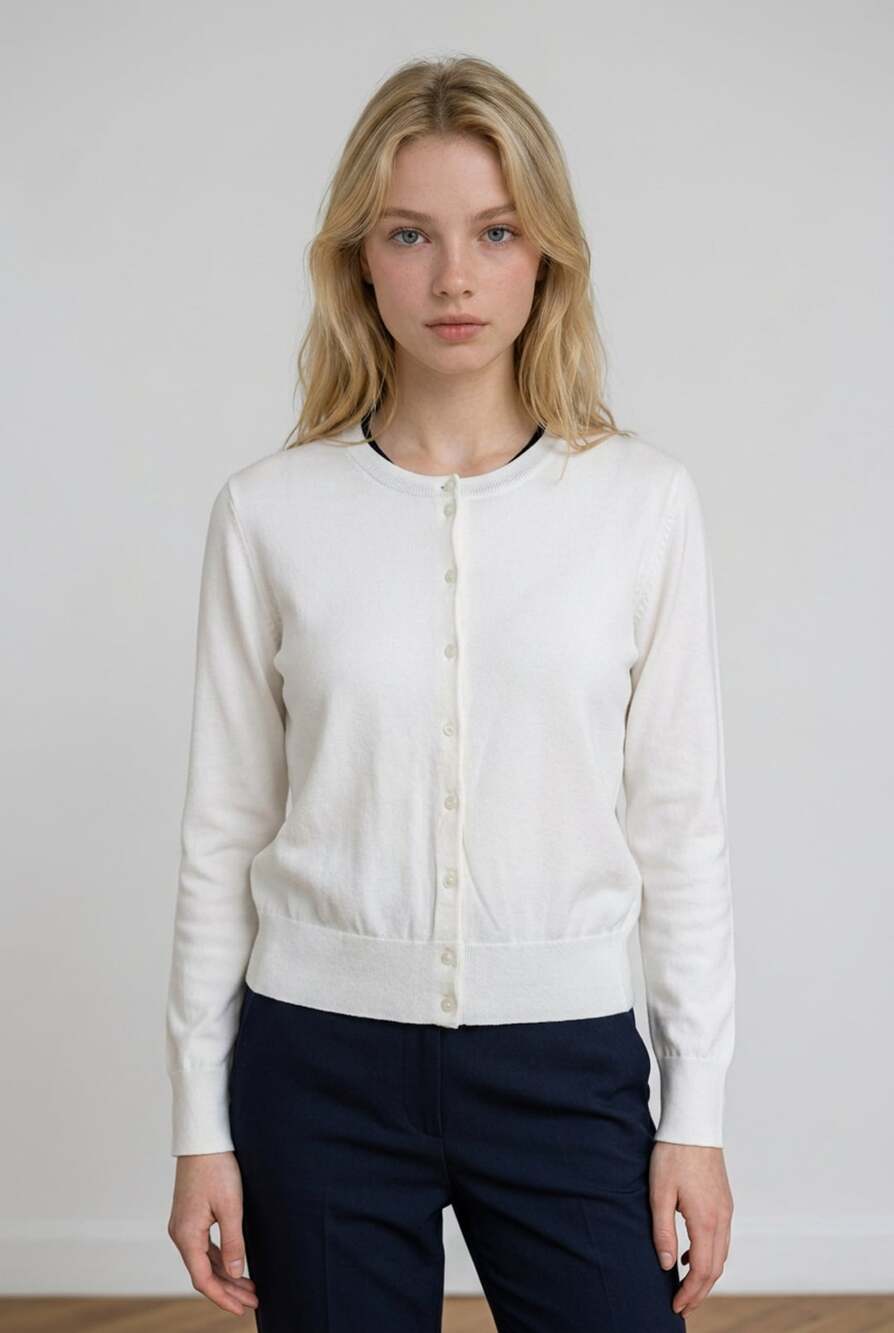 Crown & Ivy White Crewneck Long Sleeve Button-Up Knit Cardigan Sweater XL
